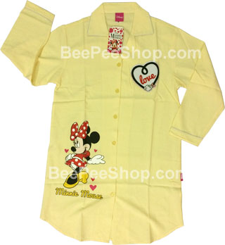ชุดนอนมินนี่เมาส์ Minnie Mouse กระโปรงแขนยาว คอปก ผ้าชิโนริ สีเหลือง ไซส์XL