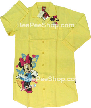ชุดนอนมินนี่เมาส์ Minnie Mouse กระโปรงแขนยาว คอปก ผ้าชิโนริ สีเหลือง ไซส์XL
